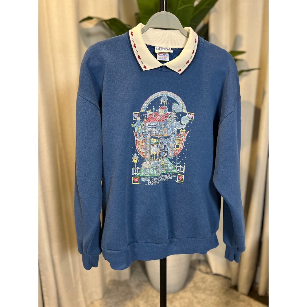 Vintage Morning Sun Noahs Ark Sweatshirt XL Blue Heart Collar Jerzees 90s USA